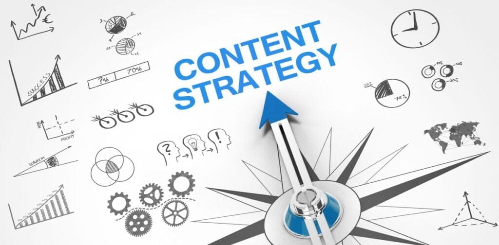 Content strategy concept with directional compass, graphs, and charts illustrating local SEO trends and strategies for digital marketing.